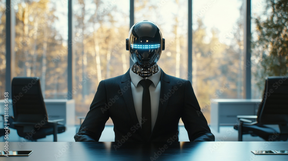 Poster futuristic robot in business suit sitting at office desk with forest view in background through larg