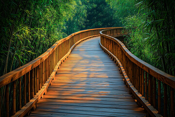 Winding wooden pedestrian bridge weaving through dense bamboo forest