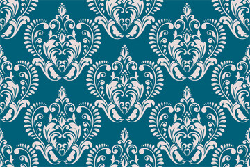 Elegant teal damask seamless pattern. Vintage floral ornament in baroque style, perfect for wallpaper, textile design, wrapping paper, and luxury backgrounds. Blue-green decorative motif. 