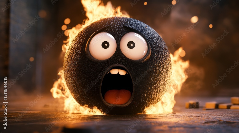 Poster a highly expressive 3d cartoon sphere engulfed in blazing flames, showcasing wide eyes and an open m