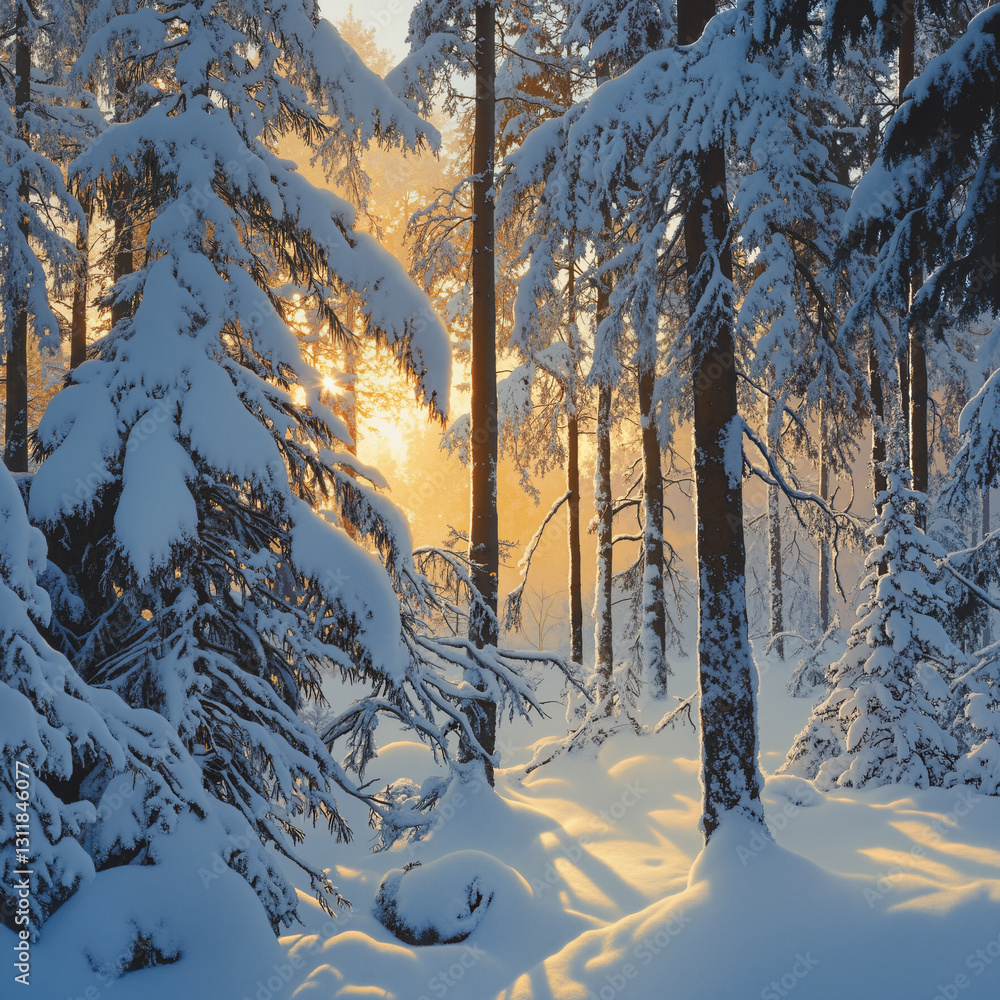 Poster a wintery scene with snow-covered trees in the foreground and a beautiful sunset in the background. 