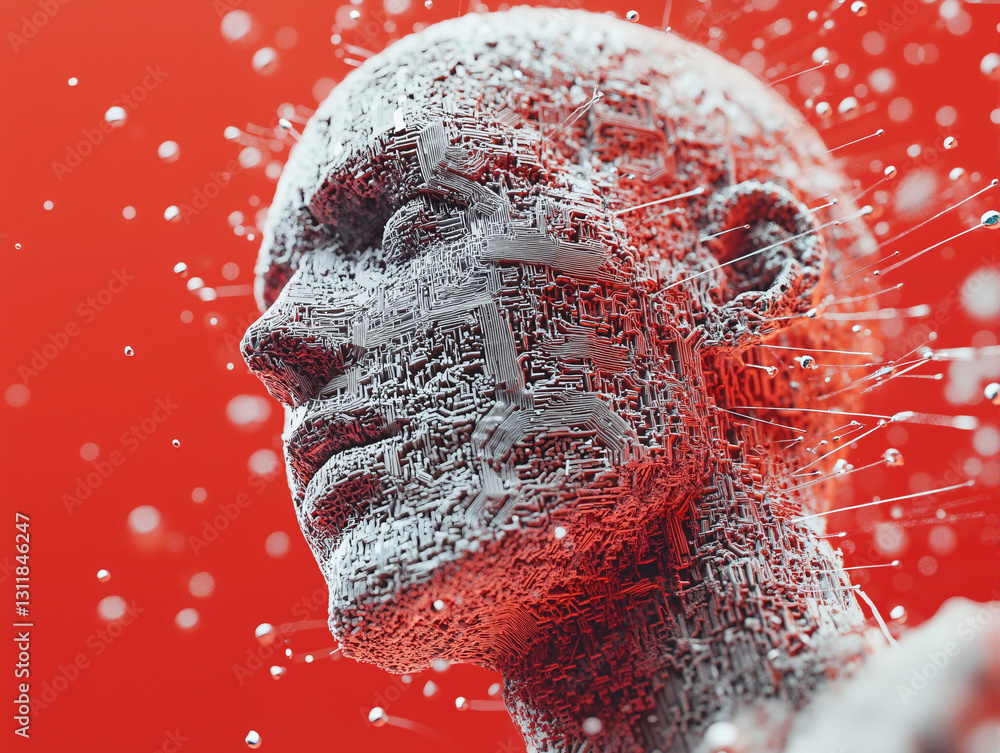 Poster a 3D rendering of a man's head with a circuit board pattern on it