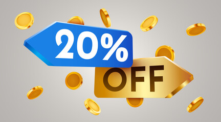 20 percent off sale label with falling golden coins. Cashback or sale concept.