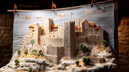 Intricate Textile Art Depicting a Medieval Castle on a Rocky Terrain with Scenic Background Elements