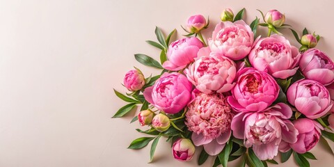 A Delicate Arrangement of Blooming Pink Peonies with Lush Green Foliage on a Soft Background