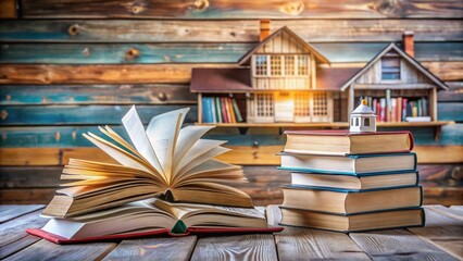 Fototapeta premium Wooden Table with Stack of Books and Novel Mockup - Education and Reading Concept