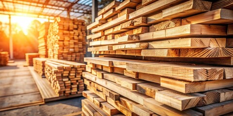 Golden Hour Lumber Stack  Neatly arranged planks of wood bathed in warm sunlight at an outdoor lumber yard, showcasing the natural beauty and texture of the timber.