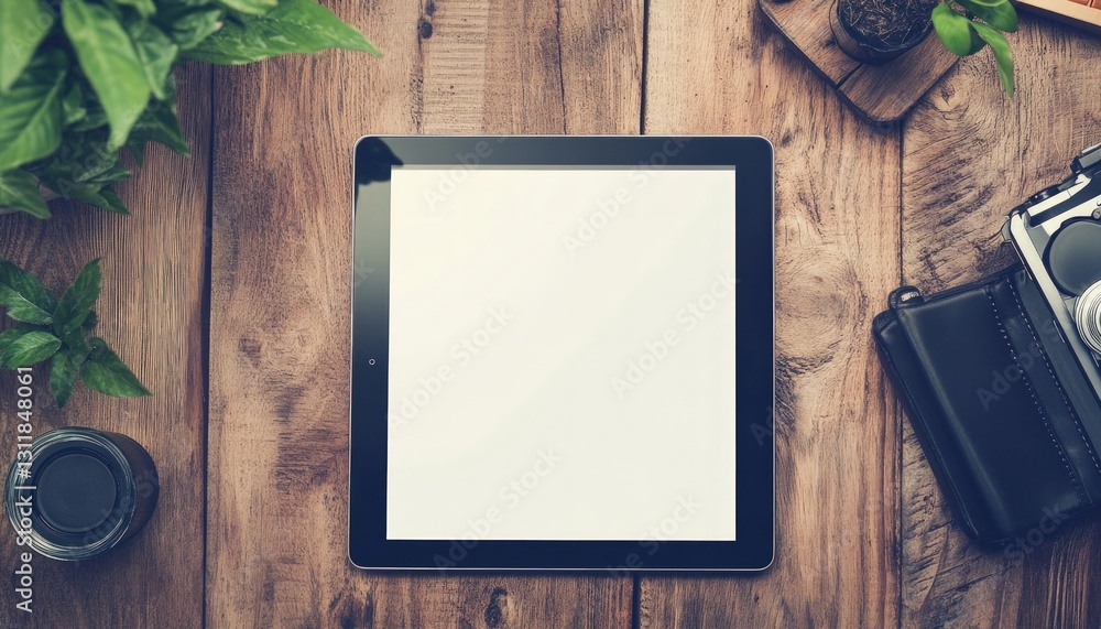 Aufkleber top view of a tablet with blank screen surrounded by plants wooden desk objects a camera wallet and 