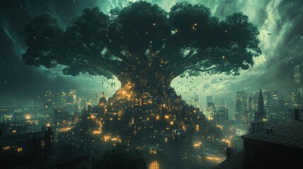 Obraz premium A fantastical cityscape built into a giant illuminated tree