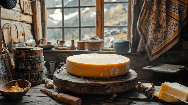 In a quaint mountain workshop, skilled artisans engage in the traditional practice of Circassian cheese making.