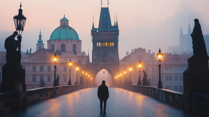 Foggy morning stroll on Charles Bridge with historic architecture and illuminated lanterns in Prague