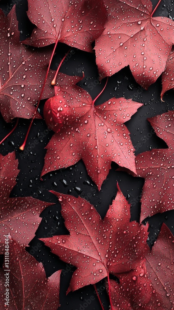Poster top-down view of vibrant red maple leaves adorned with sparkling dew, set against a dark background.