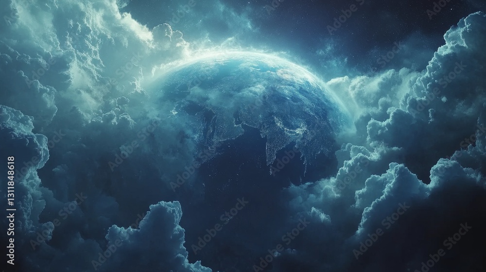 Poster a striking portrayal of earth partially visible through thick clouds, glowing with a serene blue hue