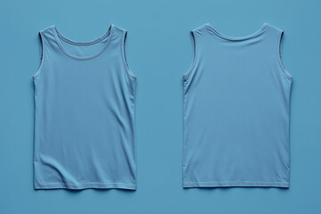 A blue sleeveless t-shirt tank top is displayed from the front and back and a flat lay concept is used as a mockup design template