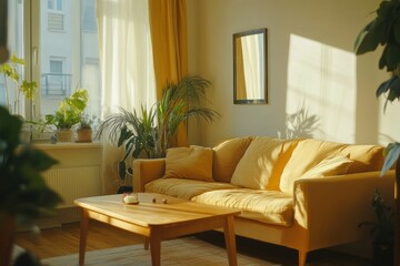 Sunlit living room with yellow sofa, plants, and coffee table.