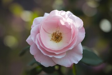 Obraz premium A delicate pink rose in full bloom, showcasing elegant petals and vibrant yellow stamens.