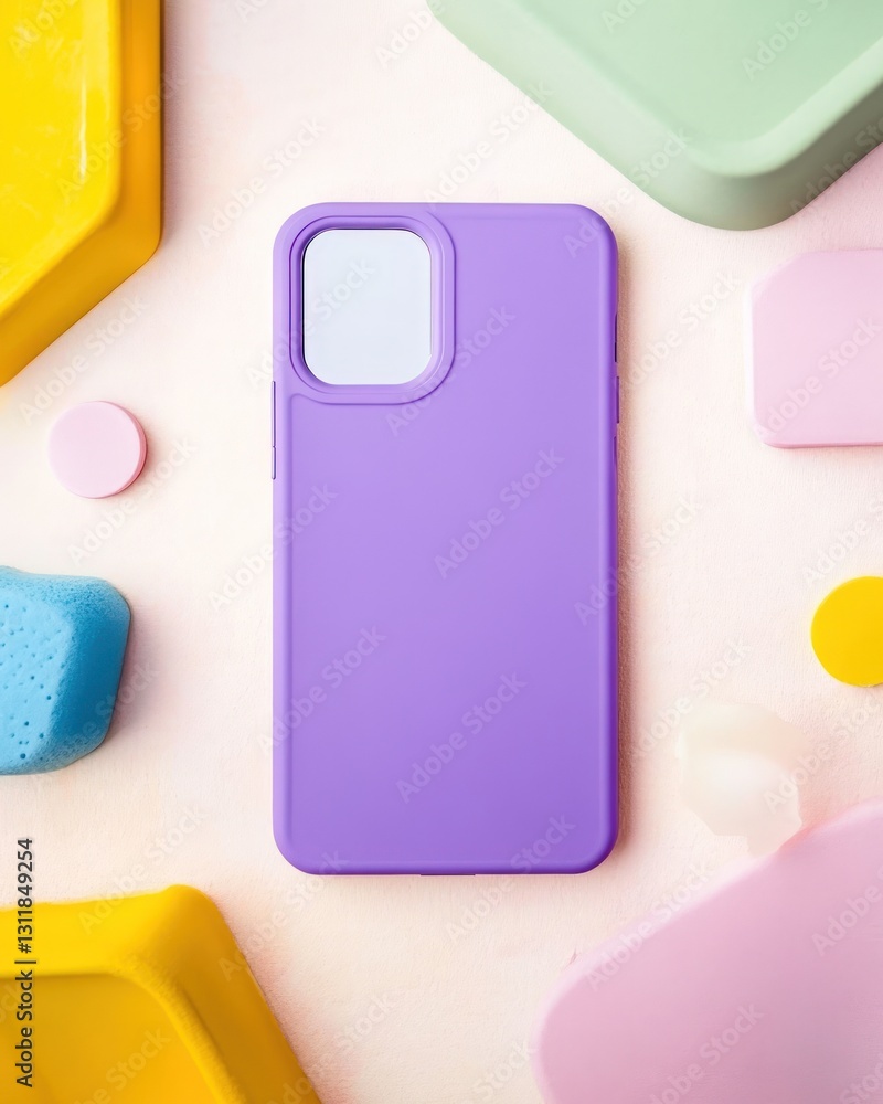 Poster purple phone case centered with colorful abstract shapes on light pink textured background