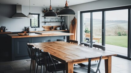 Modern Kitchen with Wooden Table and View to Outdoors on Cloudy Day