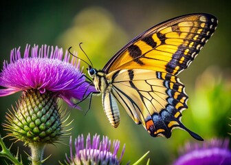 Fototapeta premium Yellow Swallowtail Butterfly on Thistle - Close-up Nature Photography
