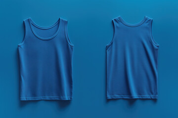 A blue sleeveless t-shirt tank top is displayed from the front and back and a flat lay concept is used as a mockup design template