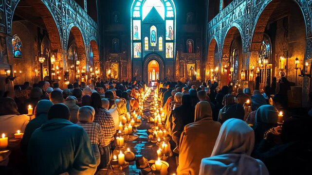 Faithful participants move through a dimly lit corridor, their candles flickering in the darkness.