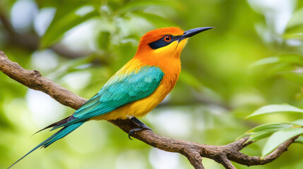 Obraz premium Colorful bee-eater perched on branch amid lush greenery