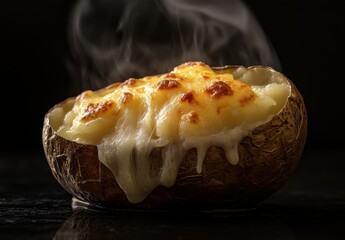 Deliciously Creamy Baked Potato with Melted Cheese Dripping, Hot and Steaming on Dark Background for Culinary and Food Photography