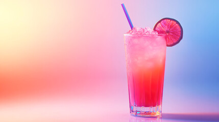 Refreshing iced pink drink with lime slice and straw against vibrant gradient background