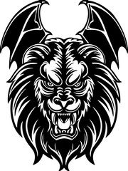 Fototapeta premium SVG vector features bat-winged demon beasts and eldritch demons. Ferocious Lion Head with Bat Wings in Gothic Style Art