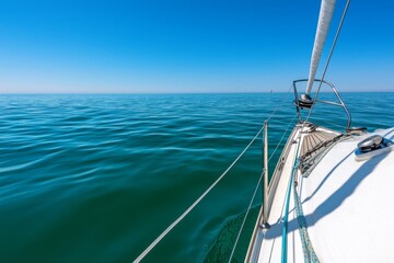 Obraz premium A serene view of a sailboat navigating calm waters under a clear blue sky