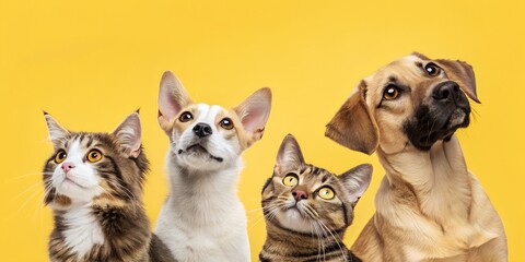 group of dogs and cat on yellow backgorund.