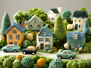 Cozy crochet village display with tiny houses and colorful cars in a lush green setting