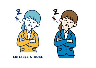 腕を組んで居眠りする、若い女性会社員のベクターイラスト素材＿線幅の編集可能