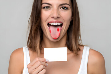 Smiling woman showing her tongue with a blank card, symbolizing oral health awareness