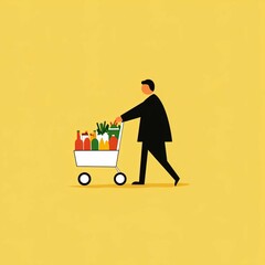 Person pushing a shopping cart filled with groceries.