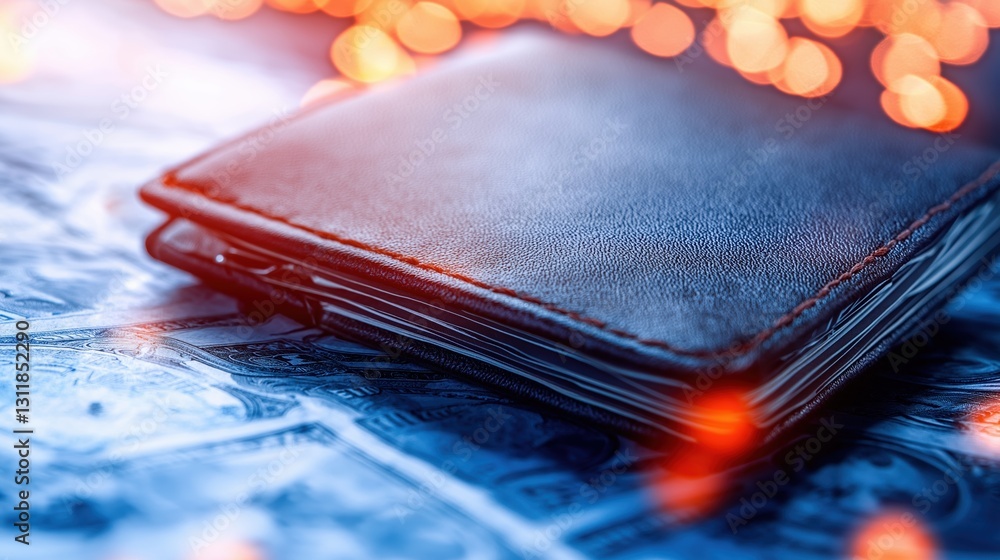 Poster conceptual image of a modern digital wallet on a surface with blurred lights and currency background