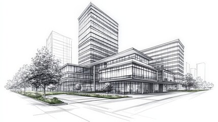 Sketch of a futuristic building complex with tall towers.