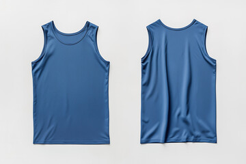 A blue sleeveless t-shirt tank top is displayed from the front and back and a flat lay concept is used as a mockup design template