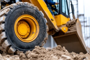 Fototapeta premium Close-up of a construction vehicle's tire on a sandy site