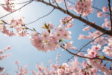 Obraz premium Pink cherry blossoms blooming on a tree in spring with a clear sky in the background