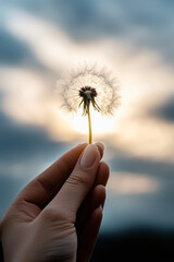 Fototapeta premium A woman holding a white fluffy dandelion in front of the sun