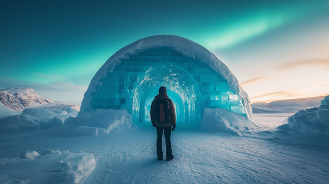 Ice tunnel under the northern lights invites exploration in a frozen landscape at twilight