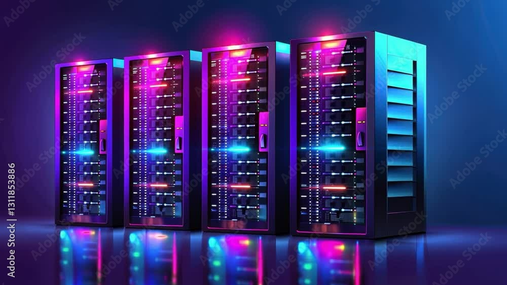 Poster modern data center infrastructure high tech server racks with colorful led lights showcasing advance