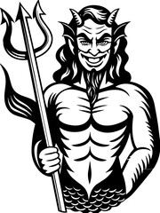 SVG vector features classic demons and eldritch entities. Mischievous Sea Creature with Trident and Playful Expression