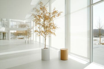 A high-tech office building with glass walls, equipped with automated blinds to regulate sunlight and conserve energy