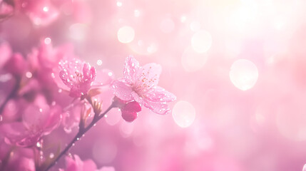 Close-up of pink cherry blossoms with dew in soft sunlight