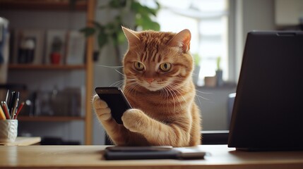 cat perched on a desk with a smartphone between its paws, swiping at the screen
