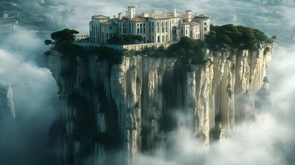 Fototapeta premium A Picturesque Fantasy Castle Perched High on a Cloud-Shrouded Cliff