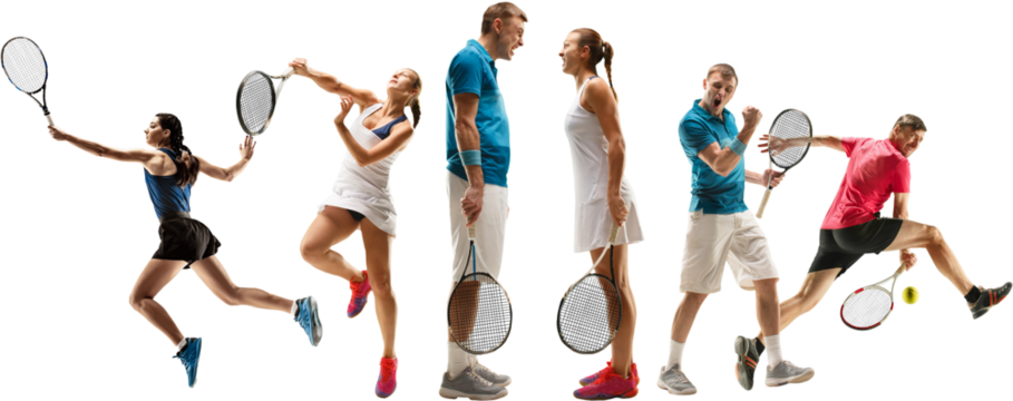 Competitive and motivated people, athletes of different kind of sports in motion, training isolated on transparent background. Collage. Concept of sport, achievements, competition, championship.