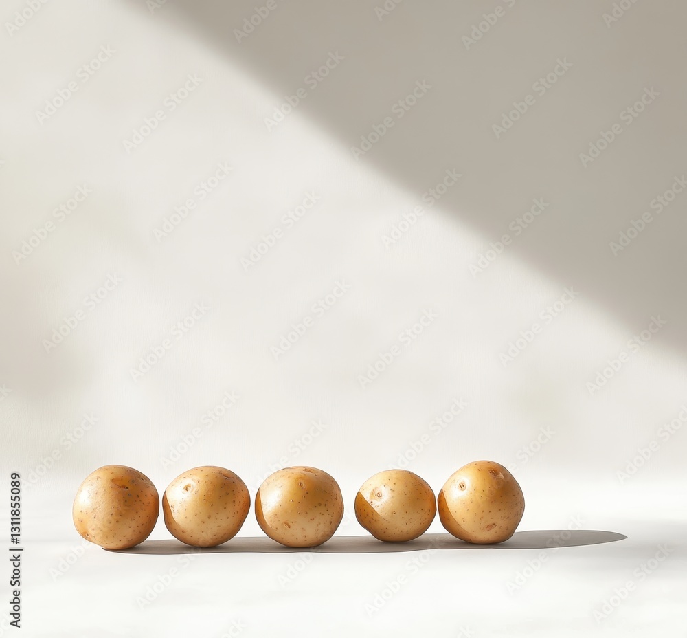 Poster five natural brown potatoes arranged on a flat surface with soft shadows casting across a minimalist
